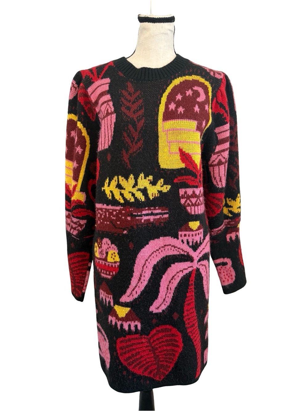 FARM Rio Tropical Magic Knit Sweater Dress Long Sleeve ColorfulArtsy Boho Midi M